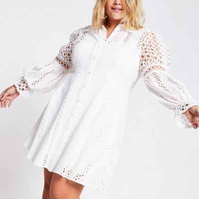 Plus White Borderie Lace Mini Shirt Dress