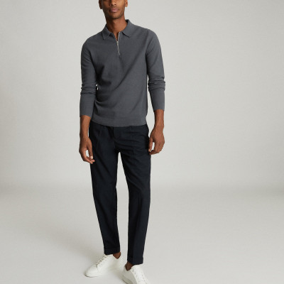 Reiss Fern - Cotton Zip Neck Polo Shirt in Airforce Blue, Mens