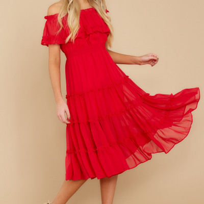 As She Goes Red Off The Shoulder Midi Dress