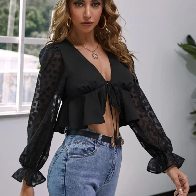Tie Front Jacquard Flounce Sleeve Peplum Top