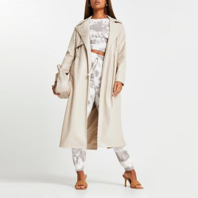 Stone faux leather trench coat