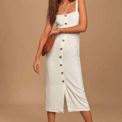Casual Vibes White Button Front Sleeveless Midi Dress | Lulus