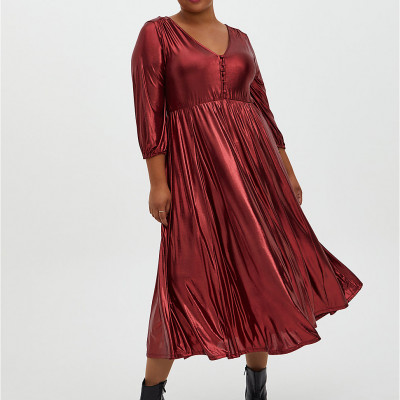 Red Liquid Knit Tea Length Dress