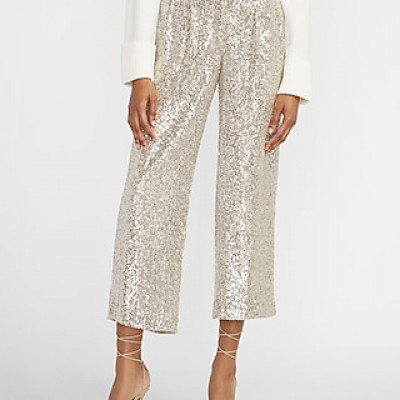 High Waisted Sequin Cropped Trouser Pant Womens Beige