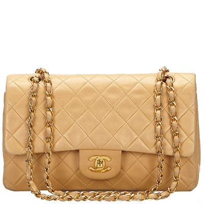 Chanel Beige/Brown Quilted Lambskin Leather Medium Classic Double Flap Bag