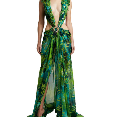 Jungle Printed Silk Cutout Dress