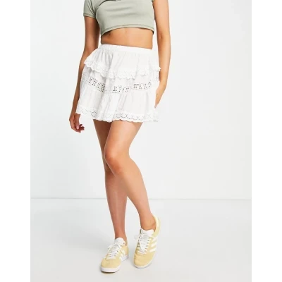 ASOS DESIGN lace insert layered skater mini skirt in white