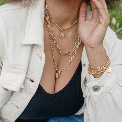 Linked Gold Chain and Chain with Lock Necklace