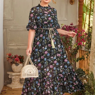 Plus Bell Sleeve Shirred Waist Floral Print Dress With Tassel Belt
