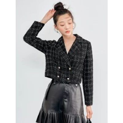 Double Button Plaid Tweed Blazer