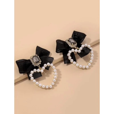 Faux Pearl Heart Decor Bow Earrings