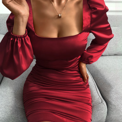 Puffed Sleeve Ruched Backless Bodycon Dress