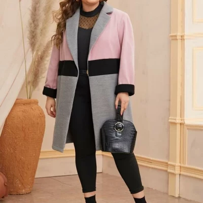 Plus Notch Collar Rolled Cuff Open Front Coat