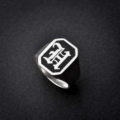 Octagon Black Enamel Old English Letter Signet Ring