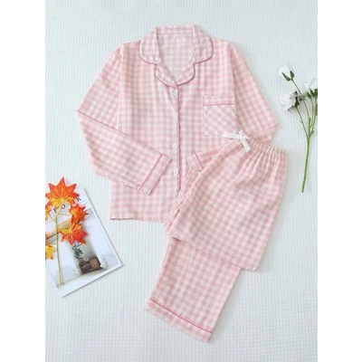 2pcs/Set Women Plaid Print Long Sleeve Button Collar Pajama Shirt And Long Pants Casual Sleepwear Set, Suitable For Home Wear In Autumn/Winter