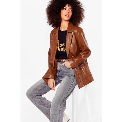 Womens Dont Call It Quilts Faux Leather Jacket - Brown - 4, Brown