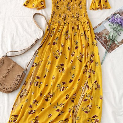 Floral Slit Smocked Off Shoulderidi Dress
