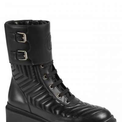 Womens Gucci Frances Gg Matelasse Platform Combat Boot, Size 6US - Black