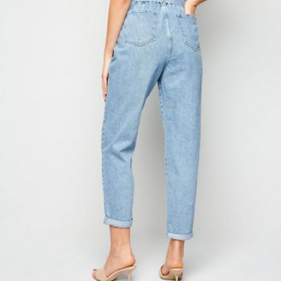 Bright Blue High Tie Waist Denim Mom Jeans New Look