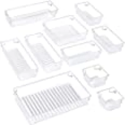 10-pcs Desk Drawer Organizer Trays, 5 Different Sizes Large Capacity Plastic Bins Kitchen Drawer Organizers Bathroom Drawer Dividers for Makeup, Kitchen Utensils, Jewelries and Gadgets (Clear)