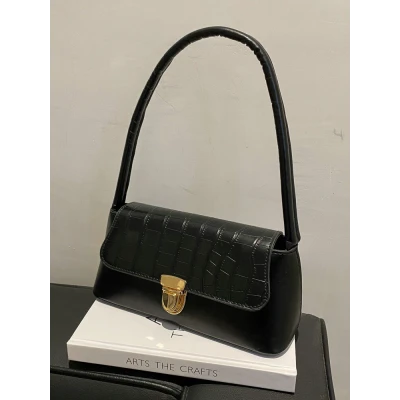 Push Lock Design Crocodile Embossed Baguette Bag