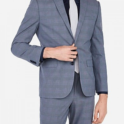 Slim Plaid Wrinkle-Resistant Stretch Suit Jacket Blue Mens 36 Short