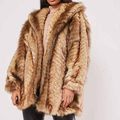 Tan Vintage Chevron Faux Fur Coat
