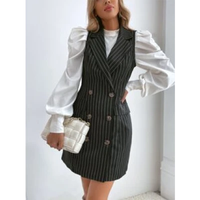 Pinstriped Flap Detail Double Breasted Blazer Dress