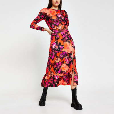 Red Floral Side Split Midi Dress