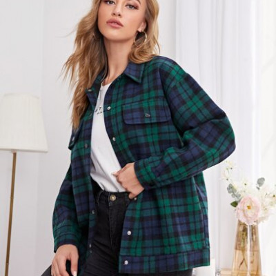 Flap Detail Drop Shoulder Tartan Coat