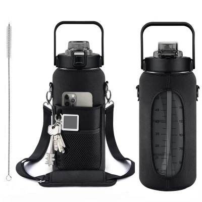 Half Gallon Water Bottle With Sleeve 64oz (2L) Inspirational Water Bottle With Straw and Time Stamp, Leak-Proof Tritan BPA-Free Bottle, Large Water Jug for Daily Hydration, Sports Bottles