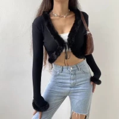 Faux Fur Trim Long Sleeve T-shirts Front Tie Up Knitted Sexy T shirt Women Cardigan Cropped Top Tee