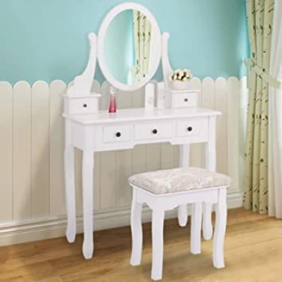 Amazon.com: JAXPETY 5 Drawers Vanity Table Set with Mirror and Cushioned Stool Makeup Dressing Table Organizer Bedroom, White Finish : Home &amp; Kitchen