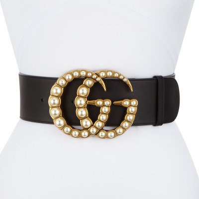 Wide Leather Belt w/ Pearlescent Beads, Black/Cream