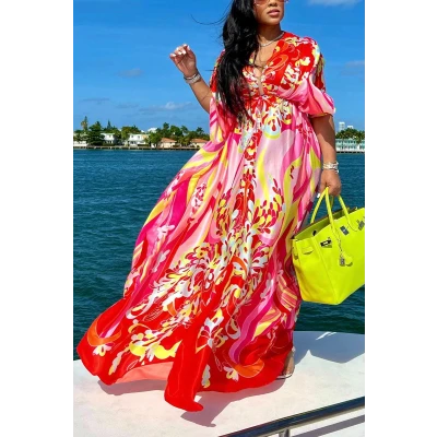 Plus Size Vacation All Over Print Floral V Neck Flared Sleeves Maxi Dress