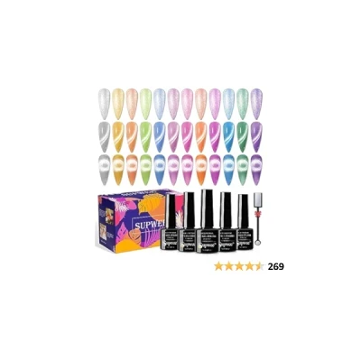 SUPWEE 12 Colors Cat Eye Gel Nail Polish - Macaron Candy Magnetic Nail Polish Gel Set Summer Spring Cateye Nail Polish UV Lamp Cure Require DIY Salon Home Gift