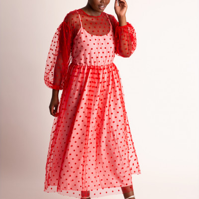 Sheer Dot Maxi With Puff Sleeves - Red with Blush Lining