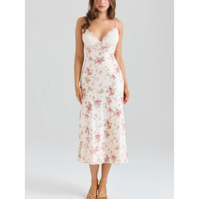 FELICITY Ivory Floral Print Satin Midi Dress | Nordstrom