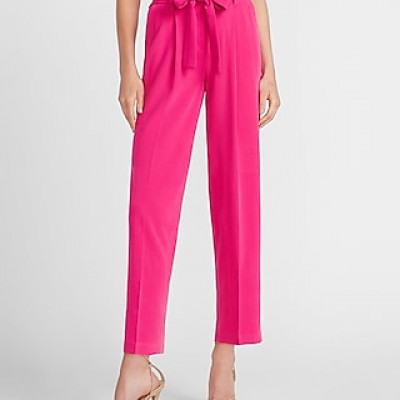 High Waisted Belted Ankle Paperbag Pant Womens Neon Berry