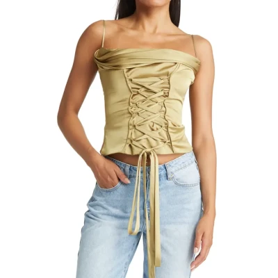 HOUSE OF CB Lace-Up Satin Corset Top in Olive at Nordstrom