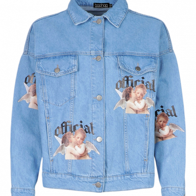Oversized Cherub Print Denim Jacket