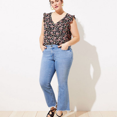 LOFT Plus Destructed High Waist Slim Pocket Flare Crop Jeans in Indigo Wash