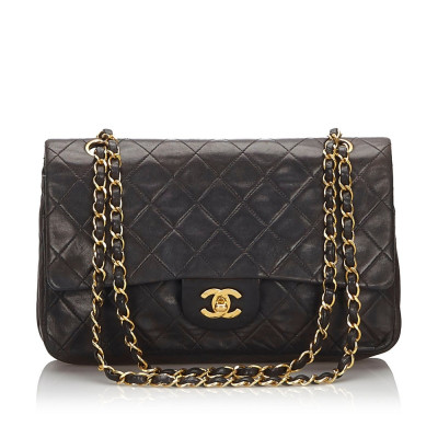Pre-Owned Vintage Chanel Black Lambskin Leather Classic Medium Double Flap Bag France