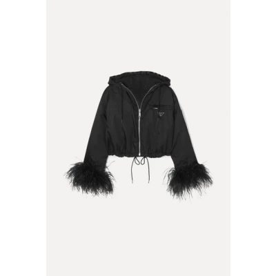 Prada - Reversible Cropped Feather-trimmed Denim And Nylon Jacket - Black