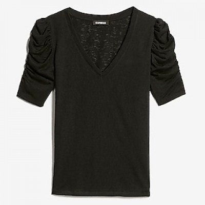 Slub Puff Sleeve V-Neck Tee Womens Pitch Black