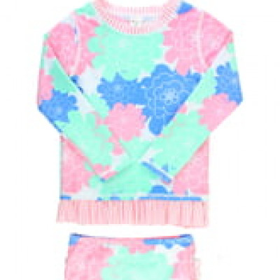 Toddler Girls Rufflebutts Pastel Petals Two-Piece Rashguard Swimsuit & Head Wrap Set