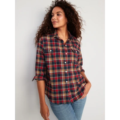 Long-Sleeve Plaid Flannel Boyfriend Tunic Shirt for Women
