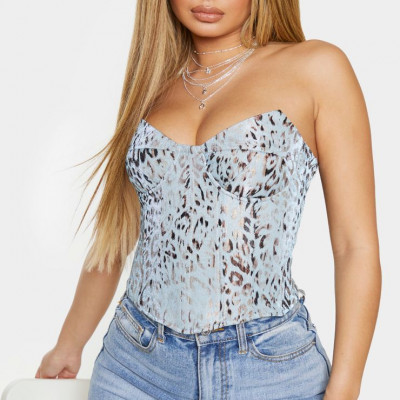 Silver Woven Metallic Leopard Print Pointed Top Edge Corset Top