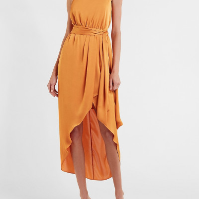 Satin Belted Hi-Lo Maxi Dress