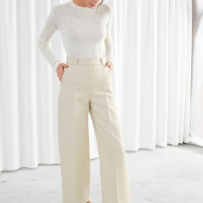 Wide Leg Wool Blend Twill Trousers